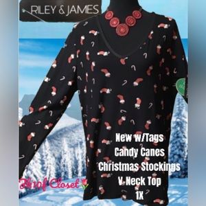 🌲NWT RILEY& JAMES 1X🎅CANDY CANES+CHRISTMAS STOCKINGS🎄 TOP